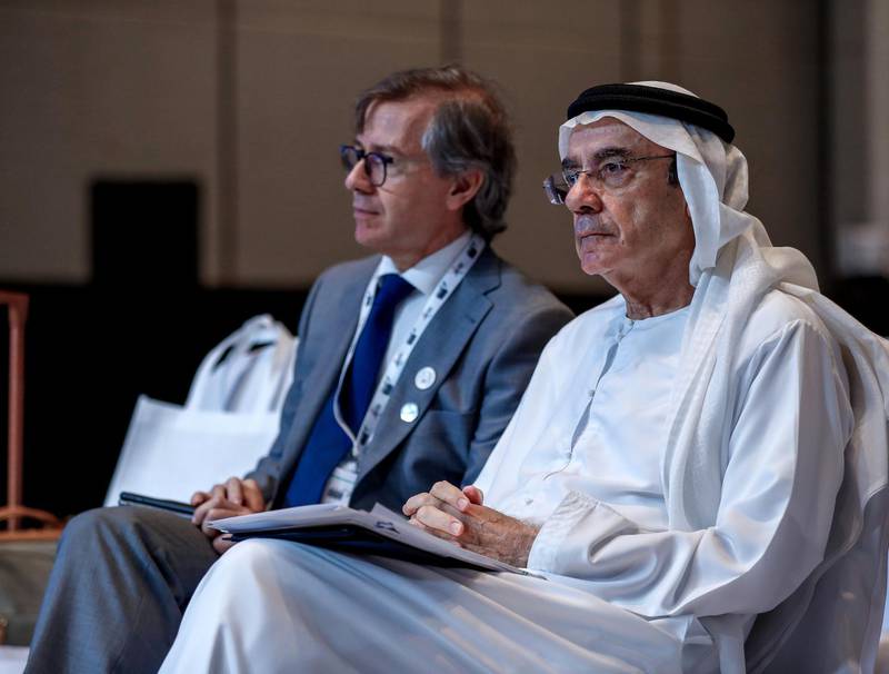 Abu Dhabi, U.A.E., November 15, 2018.  DIPLOCON AUH 2018 day 2.  (R-L)  H.E. Zaki Anwar Nusseibeh, UAE Minister of State and H.E. Bernardino Leon, Director General, Emirates Diplomatic Academy observe the Future Diplomats PeaceGame.Victor Besa / The NationalSection:  NAReporter: