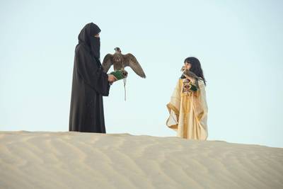 Ayesha Mattar Al Mansoori began learning falconry from her father at the age of 4. Now she is passing that knowledge on to her daughter Osha, Ayesha raised her daughter Osha with falcons since infancy at Abu Dhabi,UAE, Vidhyaa Chandramohan for The National