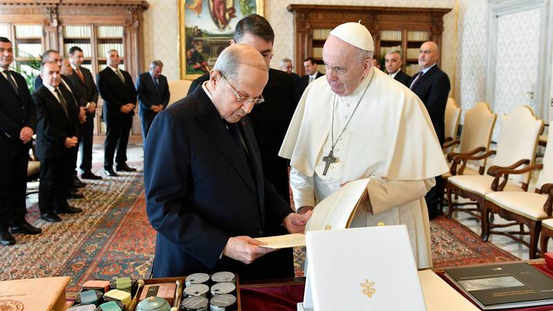 Pope Francis received Lebanese President Michel Aoun in a private audience at the Vatican on March 21. EPA / Vatican Media