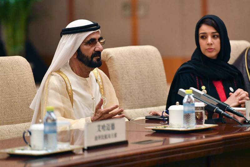 United Arab Emirates Vice President and Prime Minister Sheikh Mohammed bin Rashid  speaks with Chinese Premier Li Keqiang, unseen, during their meeting at the Diaoyutai State Guesthouse, Beijing.  AP