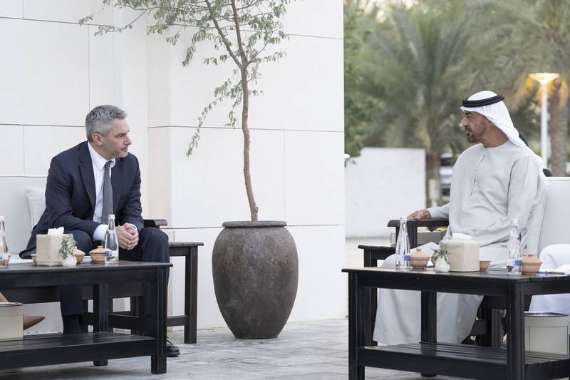 Sheikh Mohamed bin Zayed, Crown Prince of Abu Dhabi and Deputy Supreme Commander of the UAE Armed Forces, meets Karl Nehammer, Chancellor of Austria, at Al Shati Palace. Hamad Al Kaabi / Ministry of Presidential Affairs ​