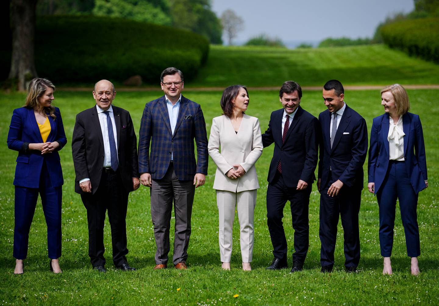 Ukraine’s Foreign Minister Dmytro Kuleba, centre, poses with other ministers at the G7 foreign ministers' summit in Germany. Reuters