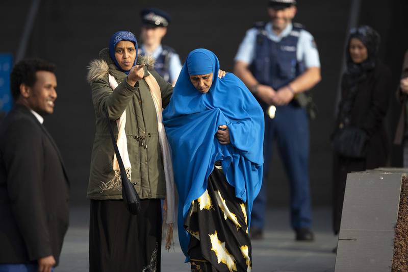 Family members of victims of the March 2019 mosque shootings leave the High Court in Christchurch. EPA