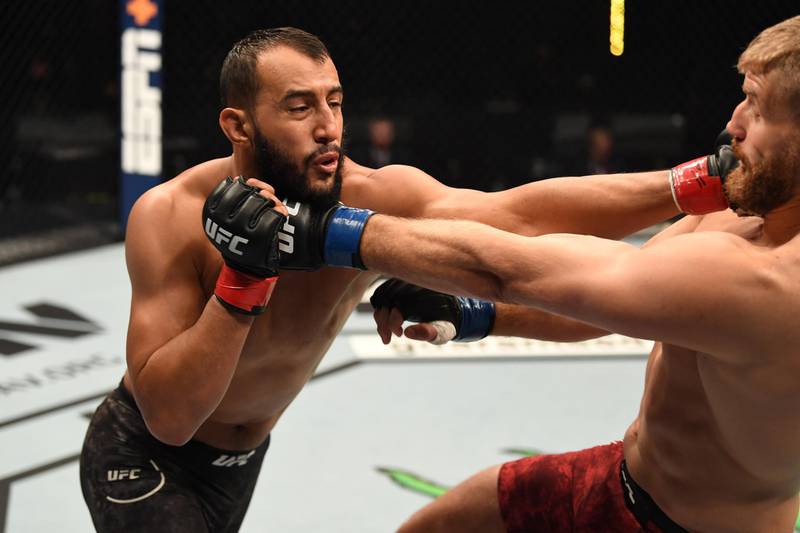 Dominick Reyes punches Jan Blachowicz in their light heavyweight championship bout during UFC 253 in Abu Dhabi. Josh Hedges / Zuffa LLC
