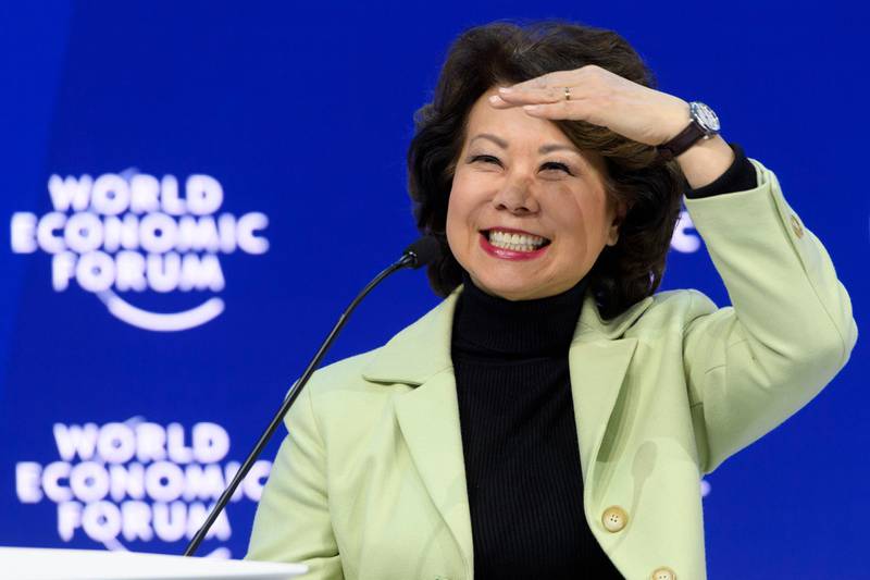 US Secretary of Transportation Elaine Chao speaks during a plenary session in the Congress Hall during the annual meeting of the World Economic Forum. Laurent Gillieron / Keystone via AP