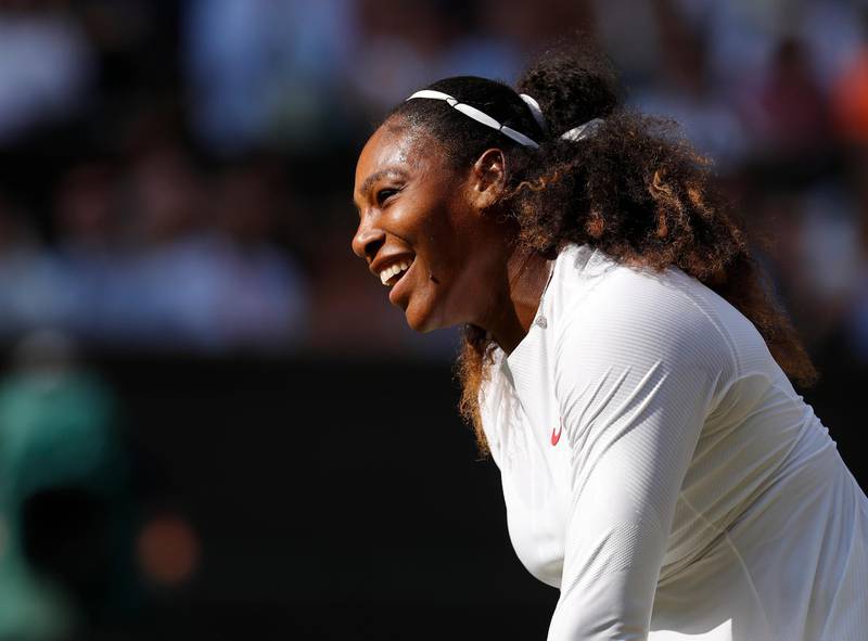 Serena Williams of the US smiles during the women's singles final match against Angelique Kerber of Germany at the Wimbledon Tennis Championships, in London, Saturday July 14, 2018. (Andrew Couldridge, Pool via AP)