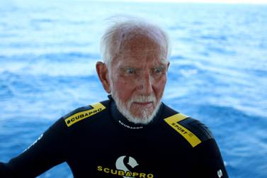 Ray Woolley, diver and World War Two veteran, is seen before breaking a new diving record as he turns 96 by taking the plunge at the Zenobia, a cargo ship wreck off the Cypriot town of Larnaca, Cyprus August 31, 2019. REUTERS/Yiannis Kourtoglou