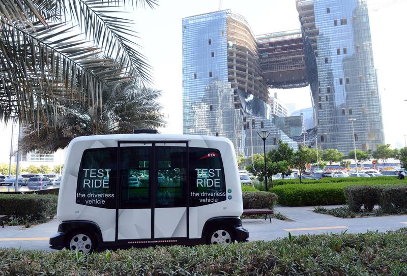 Welcome to the future – the 10-seat smart driverless car is tested by the Roads and Transport Authority in Business Bay, Dubai. Photo: RTA