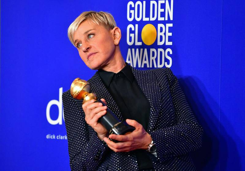 (FILES) In this file photo taken on January 05, 2020, US actress and TV host Ellen DeGeneres poses in the press room with the Carol Burnett award during the 77th annual Golden Globe Awards in Beverly Hills, California. DeGeneres, a staple of daytime American talk show culture, said on May 12, 2021, she is ending her show after 19 seasons. The 63-year-old host, writer, producer, actress and comedian won dozens of Emmy awards for the show and has been a pioneer of the LGBTQ community in America since she came out as gay in 1997. That revelation shocked America and nearly doomed her career. / AFP / FREDERIC J. BROWN
