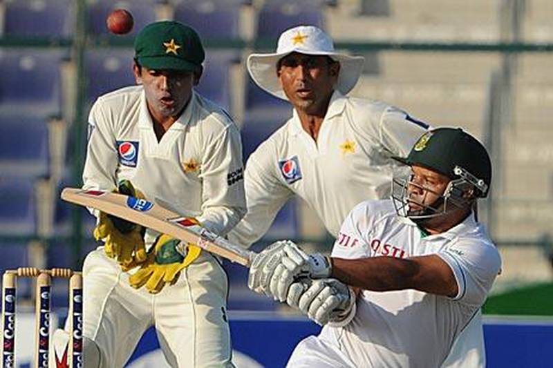 South Africa’s Ashwell Prince attacks the Pakistan bolwing in Abu Dhabi yesterday.