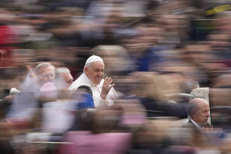 Pope Francis arrives for his weekly general audience in St  Peter's Square at The Vatican. AP