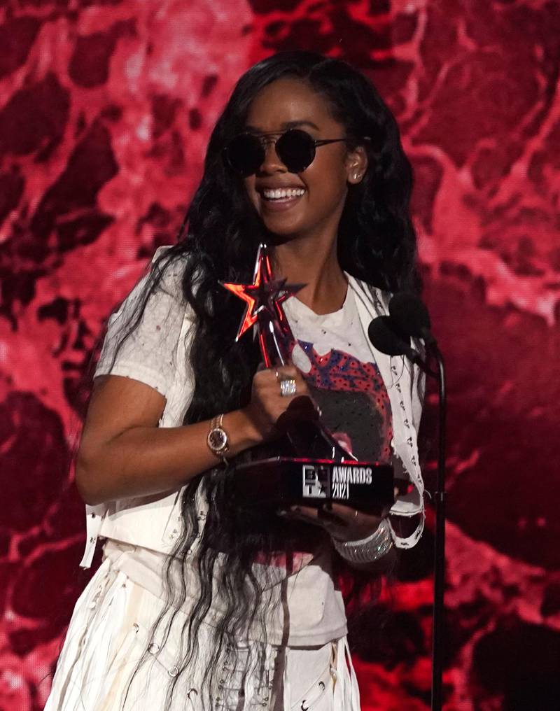 HER accepts the Best Female RnB / Pop Artist Award at the BET Awards on June 27, 2021, at the Microsoft Theatre in Los Angeles. AP