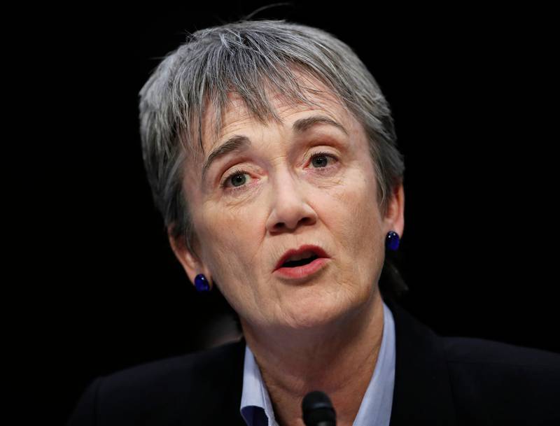 FILE - In this Dec. 6, 2017, file photo, Air Force Secretary Heather Wilson is testifies during a Senate Judiciary Committee hearing on Capitol Hill in Washington. Officials say Wilson has resigned.  (AP Photo/Carolyn Kaster, File)