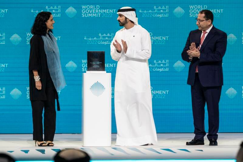Azucena Arbeleche, left, Uruguay’s Minister of Economy and Finance, is presented with the Best Minister award by Sheikh Hamdan bin Mohammed, Crown Prince of Dubai. Antonie Robertson / The National