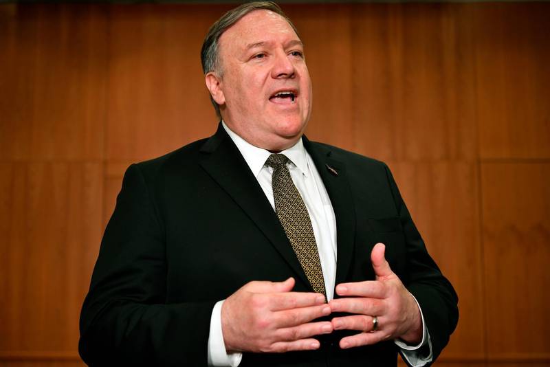 Secretary of State Mike Pompeo talks to the media on the sidelines of the Arctic Council ministers' working dinner at the Arktikum museum in Rovaniemi, Finland, Monday, May 6, 2019. The U.S. is dispatching an aircraft carrier and other military resources to the Middle East following what it says are indications that Iran and its proxy forces are preparing to possibly attack U.S. forces in the region. (Mandel Ngan/Pool Photo via AP)