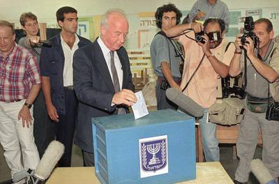 Yitzhak Rabin casts his vote at polling station on Tuesday, June 23, 1992 in Israel's general elections. Nati Harnik / AP Photo