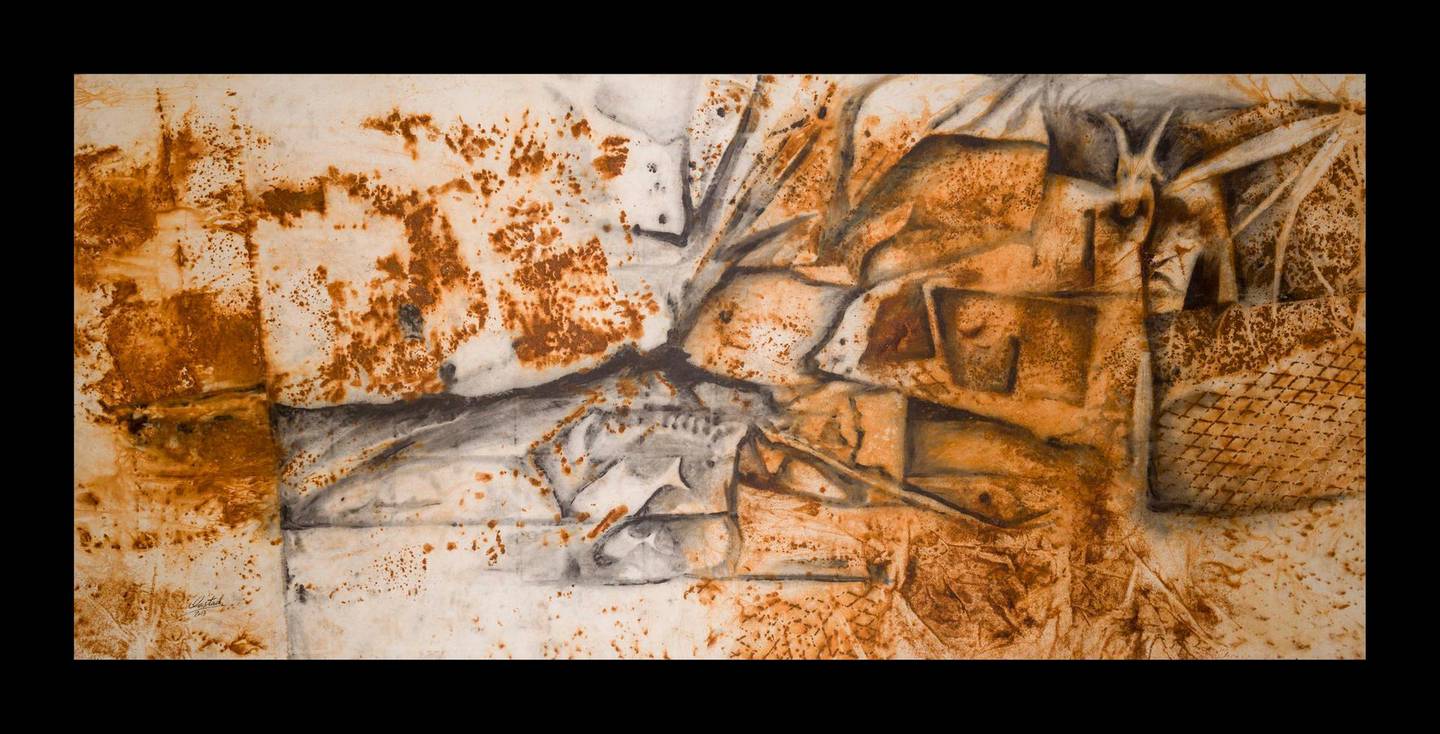 Mohammed Al AstadLife's Panorama, 2013Rust, charcoal, paint on canvas147.5 x 326 cmCourtesy of the artist