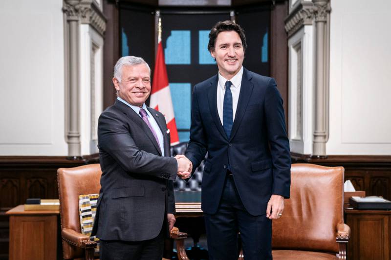 Jordan's King Abdullah II meets Canadian Prime Minister Justin Trudeau at Parliament Hill in Ottawa. AFP