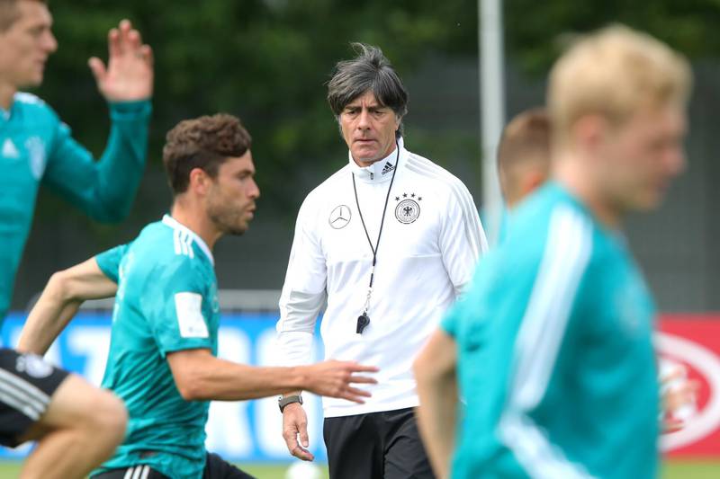 Joachim Loew, manager of Germany, watches his team during the training session ahead of the 2018 FIFA World Cup at CSKA Sports Base in Moscow, Russia, on June 14, 2018. Alexander Hassenstein / Getty Images