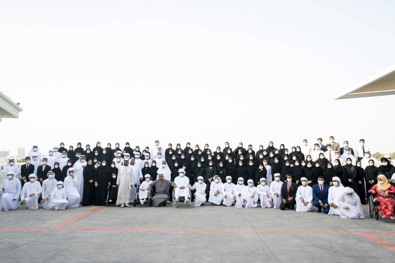 He posed for a group picture with the talented learners. Photo: @MohamedBinZayed twitter