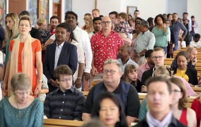 DUBAI, UNITED ARAB EMIRATES, Dec 25  – 2019 :- People during the Christmas Day service held at Christ church in Jebel Ali in Dubai. ( Pawan Singh / The National ) For News/Instagram. Story by Nicholas 
