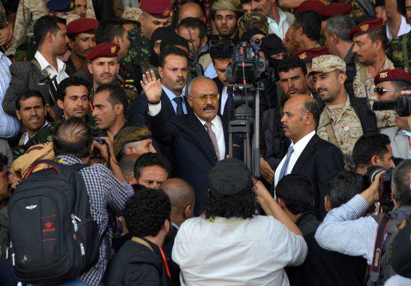 Yemen's former president Ali Abdullah Saleh (C) waves during the 35th anniversary celebration of his General People's Congress party (GPC) in Sanaa, Yemen, 24 August 2017. Tens of thousands of Yemenis gathered in the capital in support of the former president and his party, amid rising tensions between Saleh and his Shiite allies in the country's conflict. Photo by: Hani Al-Ansi/picture-alliance/dpa/AP Images