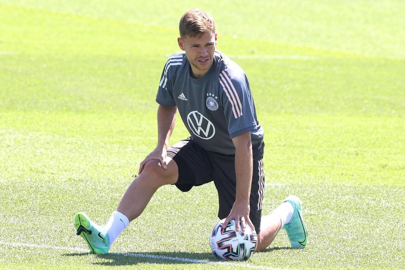 Joshua Kimmich stretching at the Germany training session. Getty