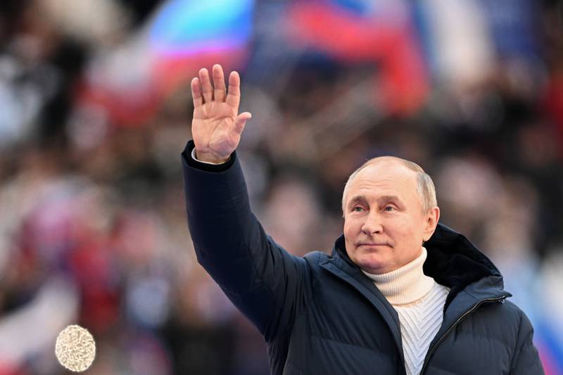 Russian President Vladimir Putin at a rally in Moscow to celebrate the eighth anniversary of the annexation of Crimea from Ukraine. AP