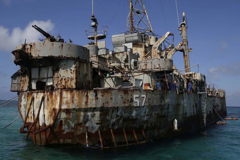 A dilapidated Philippine Navy ship with Philippine troops on board is anchored off Second Thomas Shoal, known locally as Ayungin Shoal, on March 30, 2014, in the South China Sea. AP