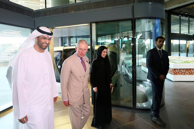 Dr Sultan Al Jaber, chairman of Masdar, and Shamma Al Mazrui, Minister of State for Youth Affairs, welcome Britain’s Prince Charles to Masdar City in Abu Dhabi as part of the British royal’s state visit to the country. Reuters