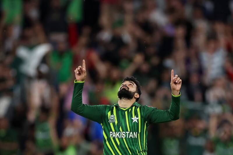 Shadab Khan of Pakistan celebrates after taking the wicket of Harry Brook of England. Getty 