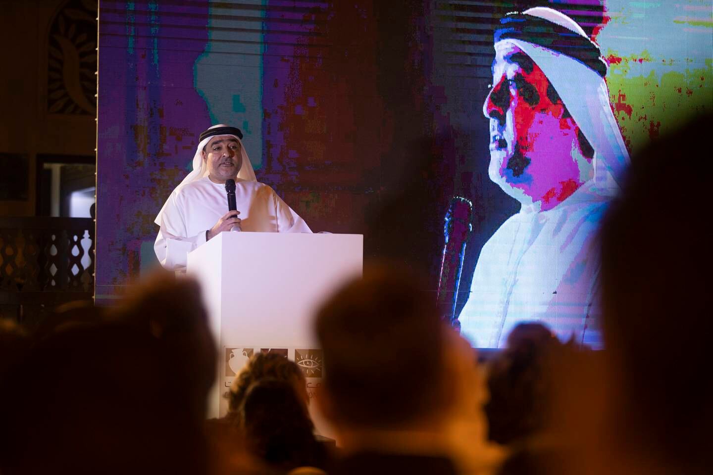 Ahmed Obaid Al Mansoori, Direktor des Crossroads of Civilizations Museum, spricht bei der Veranstaltung zum Holocaust-Gedenktag.  Ruel Pableo für The National
