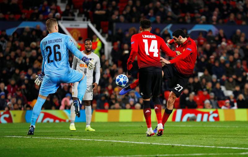 Manchester United's Marouane Fellaini scores in the 91st minute. Reuters