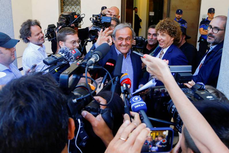 Former Uefa president Michel Platini faces the media after being cleared of corruption charges at the Federal Criminal Court in Bellinzona, Switzerland. Reuters