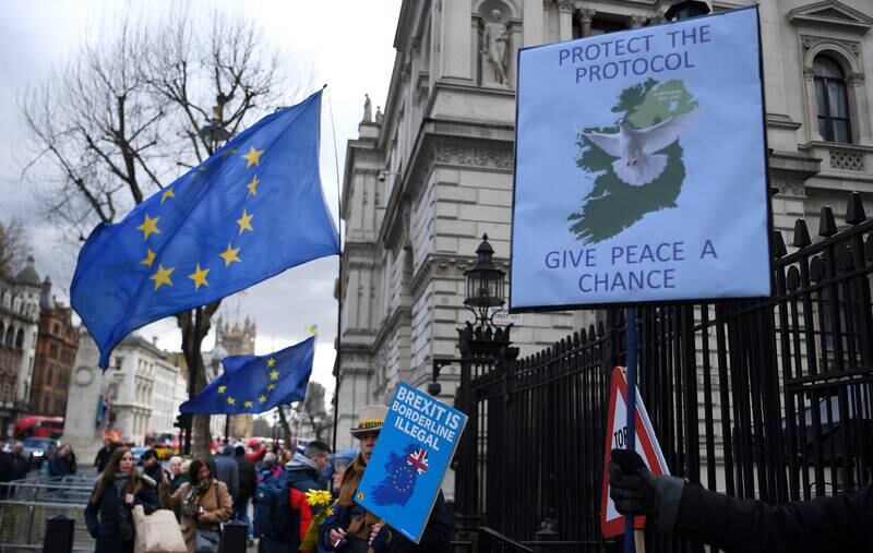 Anti-Brexit campaigners protest outside Downing Street in London. EPA