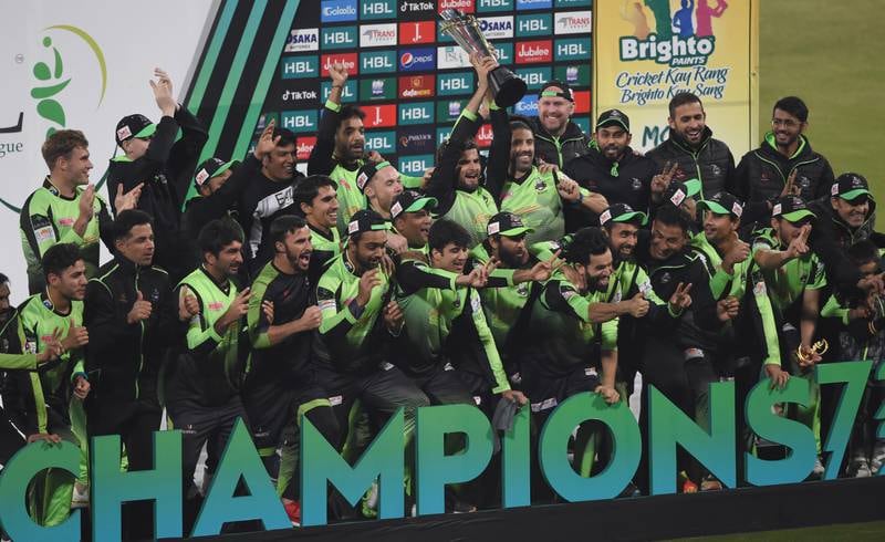 Lahore Qalandars players celebrate the victory in the final of the 2022 Pakistan Super League against Multan Sultans in Lahore on February 27, 2022. EPA