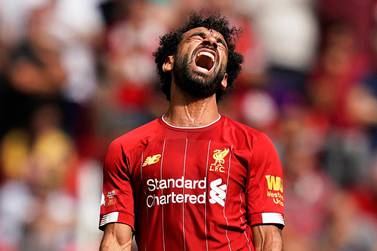 epa07756487 Liverpool's Mohamed Salah reacts during the FA Community Shield soccer match between Liverpool FC and and Manchester City at Wembley Stadium in London, Britain, 04 August 2019. EPA/WILL OLIVER EDITORIAL USE ONLY. No use with unauthorized audio, video, data, fixture lists, club/league logos or 'live' services. Online in-match use limited to 120 images, no video emulation. No use in betting, games or single club/league/player publications.