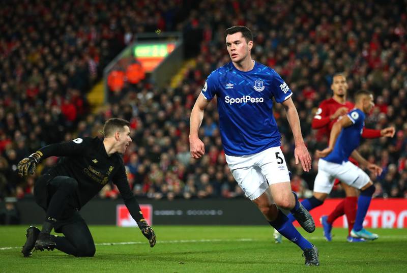 Michael Keane of Everton pulls a goal back at Anfield in the Mersey derby. Getty