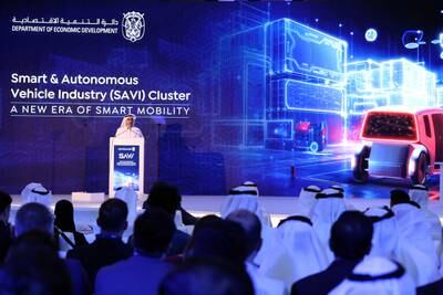 Badr Al Olama, acting director general of the Abu Dhabi Investment Office, delivering a keynote at the launch of the Smart and Autonomous Vehicle Industry cluster in Abu Dhabi on Friday. Chris Whiteoak / The National