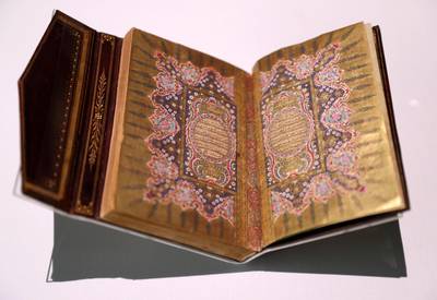Abu Dhabi, United Arab Emirates - September 12th, 2017: Ottoman Holy Qur'an at Hajj: Memories of a Journey an exhibition that includes a gallery dedicated to the vital keepsakes and sentiments tied to the stories and memories created by the millions throughout the Muslim world. Tuesday, September 12th, 2017, Sheikh Zayed Grand Mosque, Abu Dhabi. Chris Whiteoak / The National