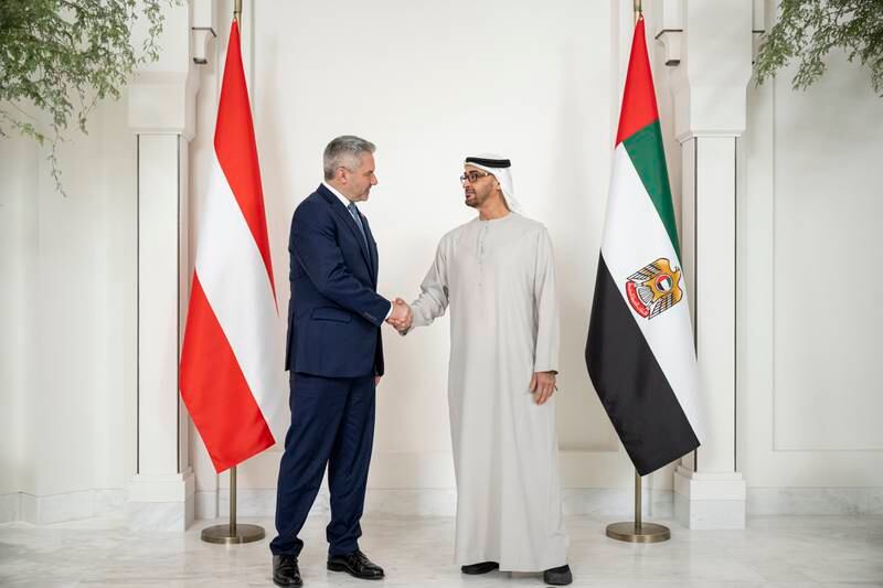 President Sheikh Mohamed and Mr Nehammer witnessed the signing of the Strategic Energy Security and Industrial Co-operation partnership between the UAE and Austria.