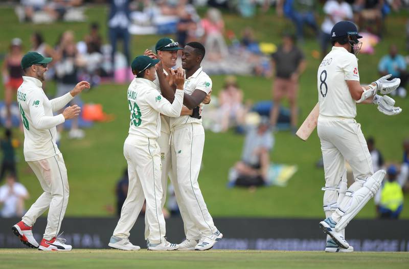 CENTURION, SOUTH AFRICA - DECEMBER 29:  South Africa bowler Kagiso Rabada is congratulated after taking the final wicket of Stuart Broad to win the match for South Africa during Day Four of the First Test match between England and South Africa at SuperSport Park on December 29, 2019 in Pretoria, South Africa. (Photo by Stu Forster/Getty Images)