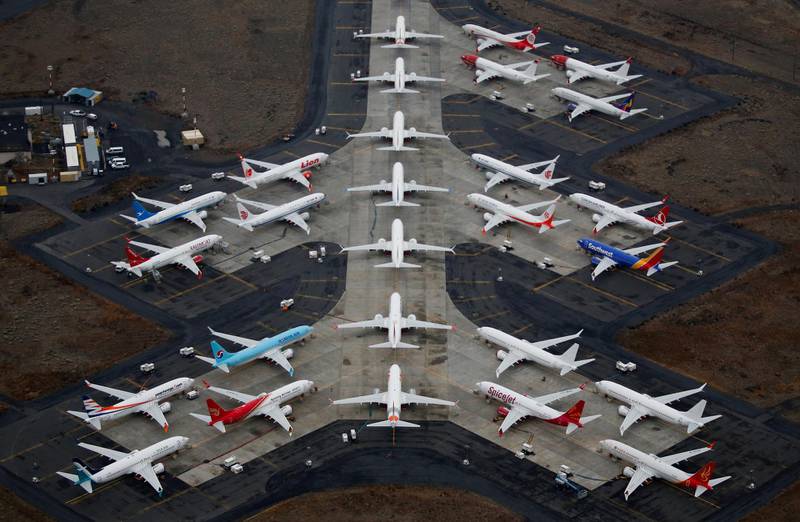 FILE PHOTO: Grounded Boeing 737 MAX aircraft are seen parked at Grant County International Airport in Moses Lake, Washington, U.S. November 17, 2020.  REUTERS/Lindsey Wasson/File Photo
