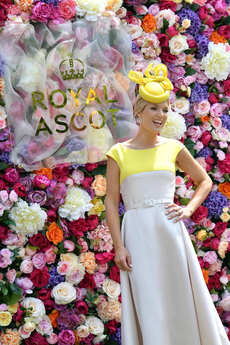 Charlotte Hawkins wears a Laura Green London dress with a Laylaleigh Millinery hat on day one of the Royal Ascot meeting at Ascot Racecourse on June 15, 2021 in Ascot, England. Getty Images