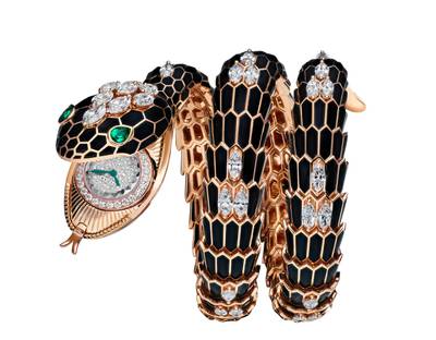 Bulgari has unveiled two Serpenti Misteriosi jewelry watches, including a coiled version in rose gold, black lacquer and diamond. Photo: Bulgari