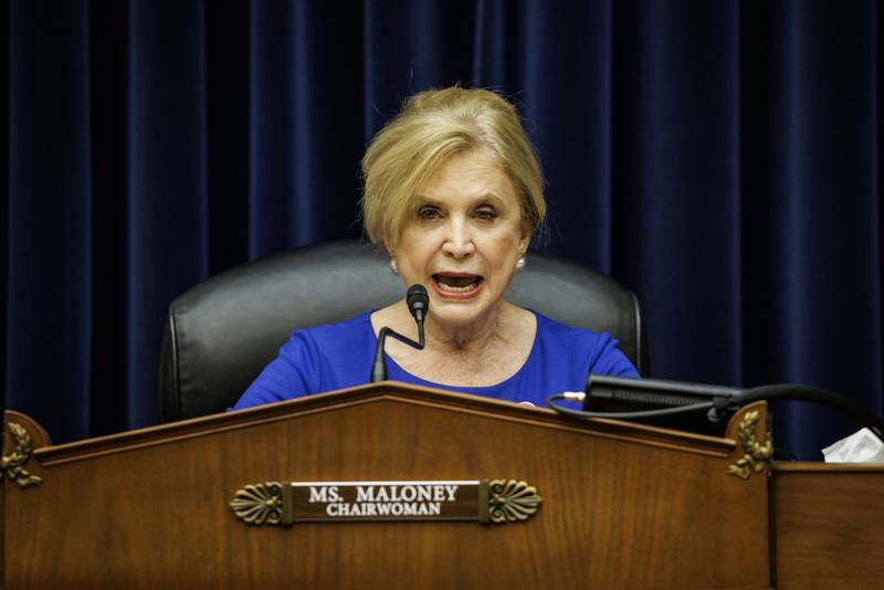 Representative Carolyn Maloney, chair of the House oversight and reform committee, speaks during the hearing into how the NFL has handled allegations of workplace misconduct by the Washington Commanders football team. Bloomberg
