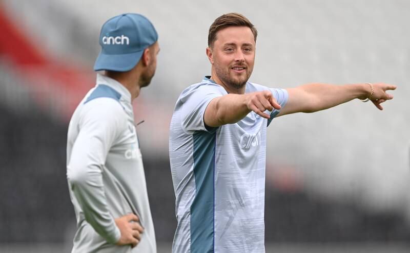 England seamer Ollie Robinson with James Anderson during training ahead of the second Test against South Africa at Old Trafford in Manchester on Wednesday, August 24, 2022. Getty