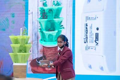 Sreya Binesh, from Gems Millennium School, Sharjah during her presentation at the UK Pavillion, Expo 2020 Dubai.
