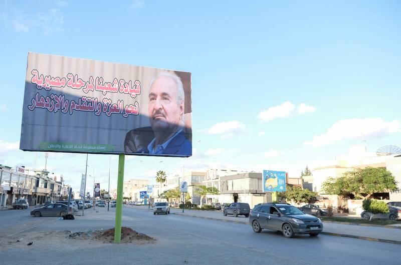 A billboard featuring Libya's eastern commander Field Marshal Khalifa Haftar in Benghazi, eastern Libya. Reuters