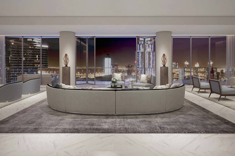 Il Primo living area. Emaar Properties has begun selling new ÔlateralÕ apartments taking up either half or a whole floor of a new 77-story tower at the Opera District in Downtown Dubai. The Il Primo apartments have gone on sale at a marketing suite within the famous Harrods Department store in London, with the smallest units of around 4,979 sq ft being sold for £3.5 million (Dh17m) each. Courtesy Emaar *** Local Caption ***  bz06jl-Emaar-Il-Primo-10.jpg